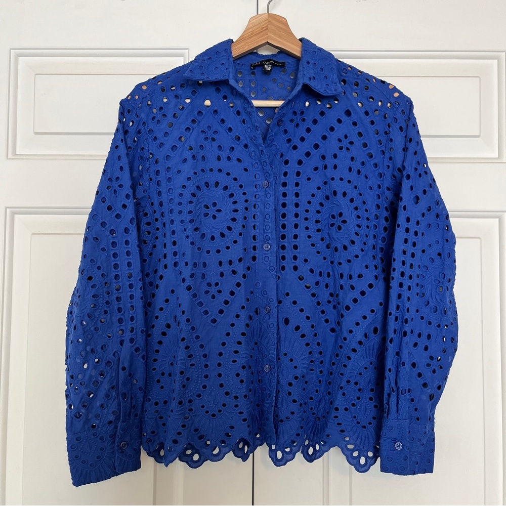 Vibrant Blue Eyelet Button-Up Blouse